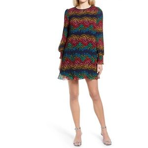 NEVER FULLY DRESSED Multicolor Leopard Print Long Sleeve Plissé Dress